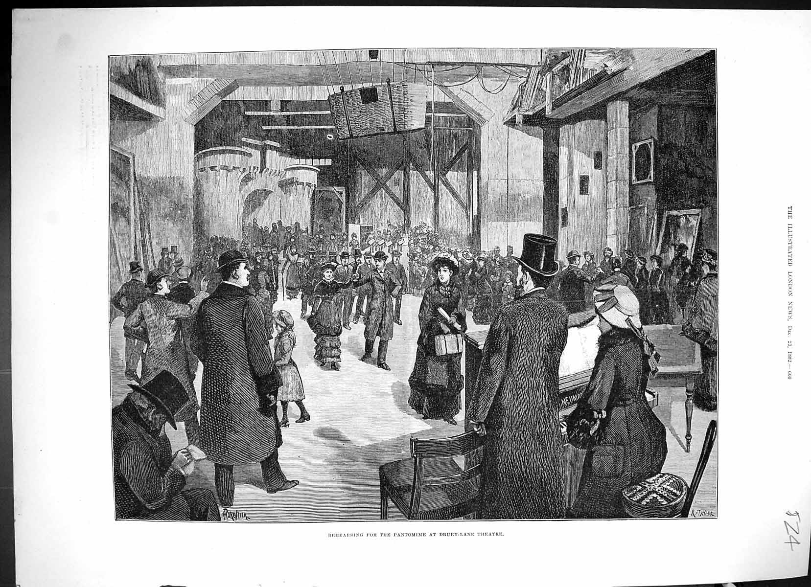 Old Antique Print Rehearsing Christmas Pantomime Drury Lane Theatre 1882 19th