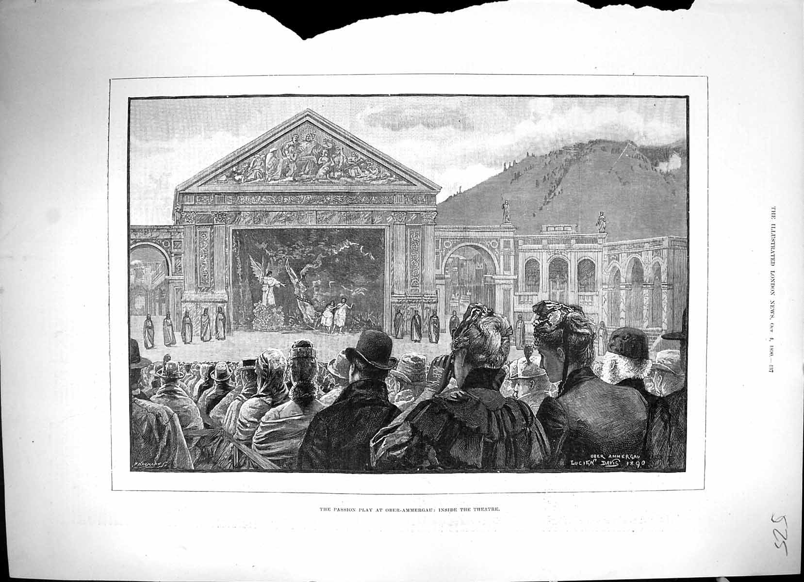 Original Old Antique Print 1890 Passion Play Ober-Ammergau Scene Inside Theatre