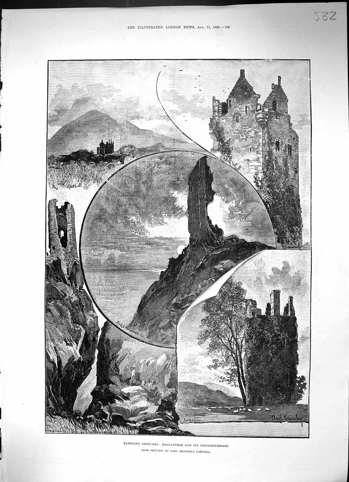 Original Old Antique Print Ballantrae Neighbourhood Craigneil Architecture 1888