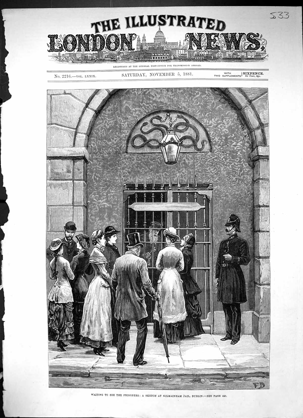Antique Old Print 1881 Waiting Prisoners Scene Kilmainham Jail Dublin Ireland
