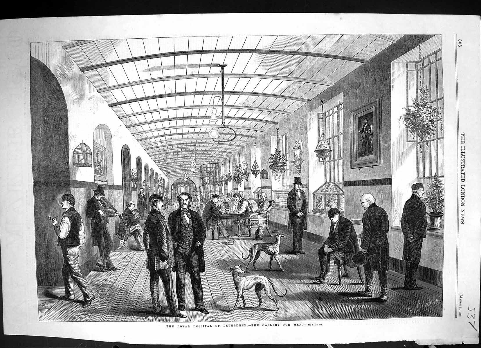 Original Old Antique Print 1860 Royal Hospital Bethlehem Gallery Men Victorian