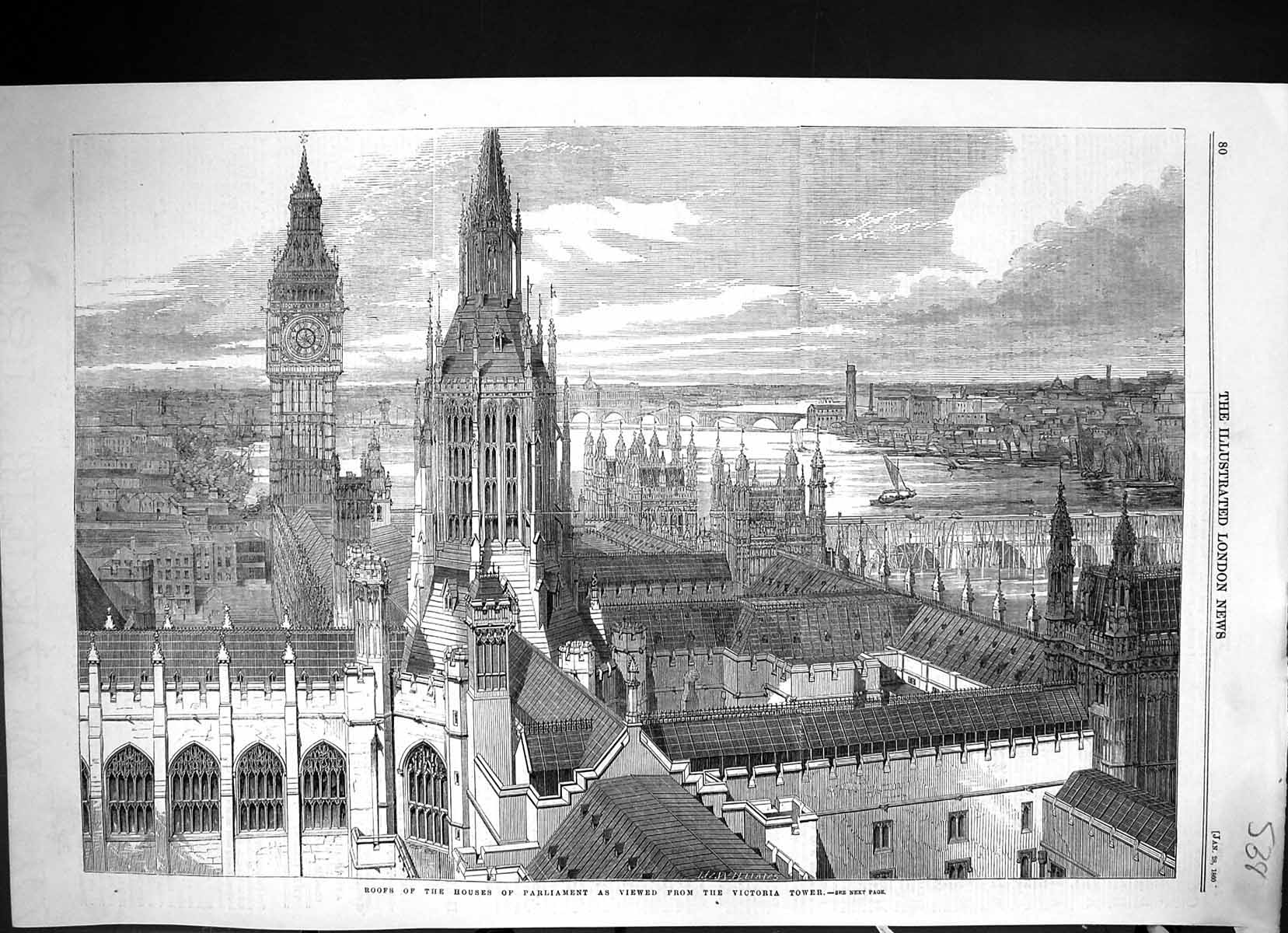 Antique Print 1860 Ros Houses Parliament Victoria Tower London Architecture
