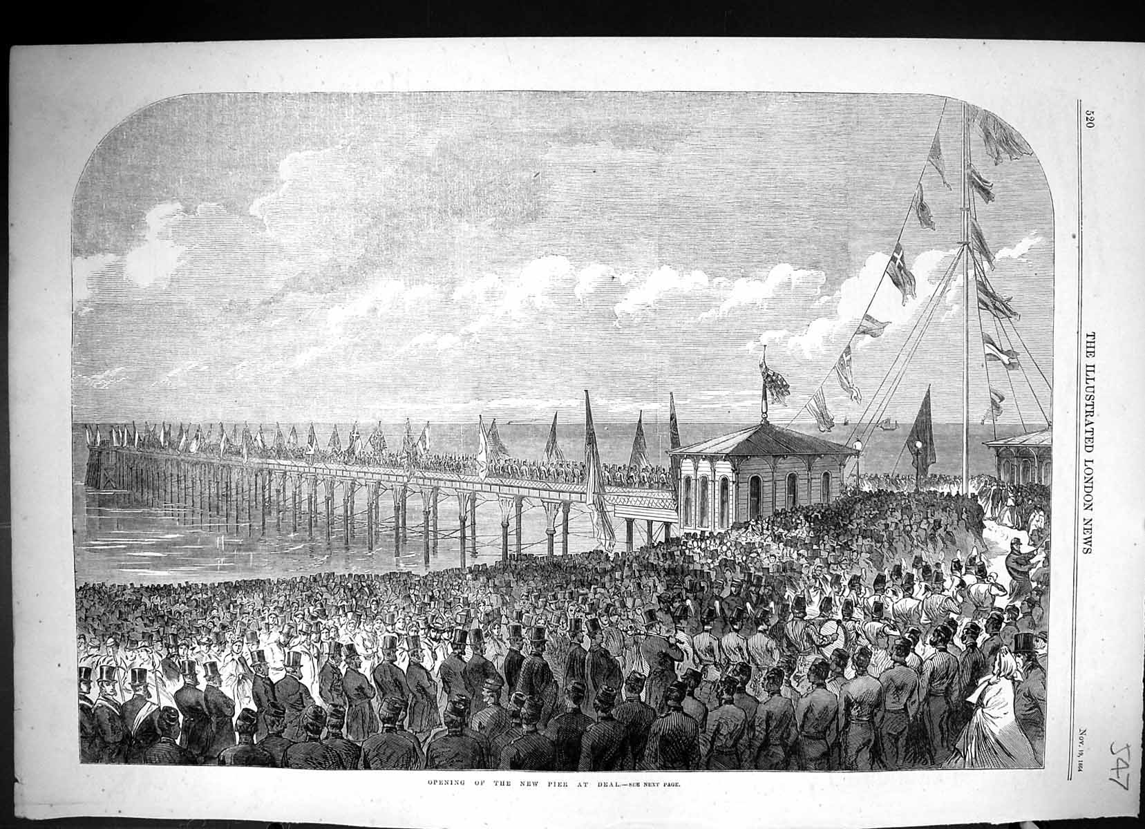 Original Old Antique Print 1864 Opening New Pier Deal England Procession 19th