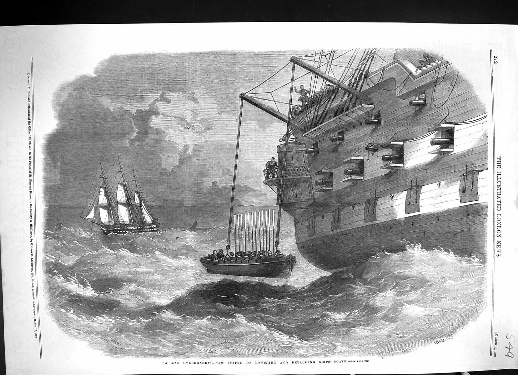 Antique Old Print Man Overboard System Lowering Detaching Ships Boats 1860 19th