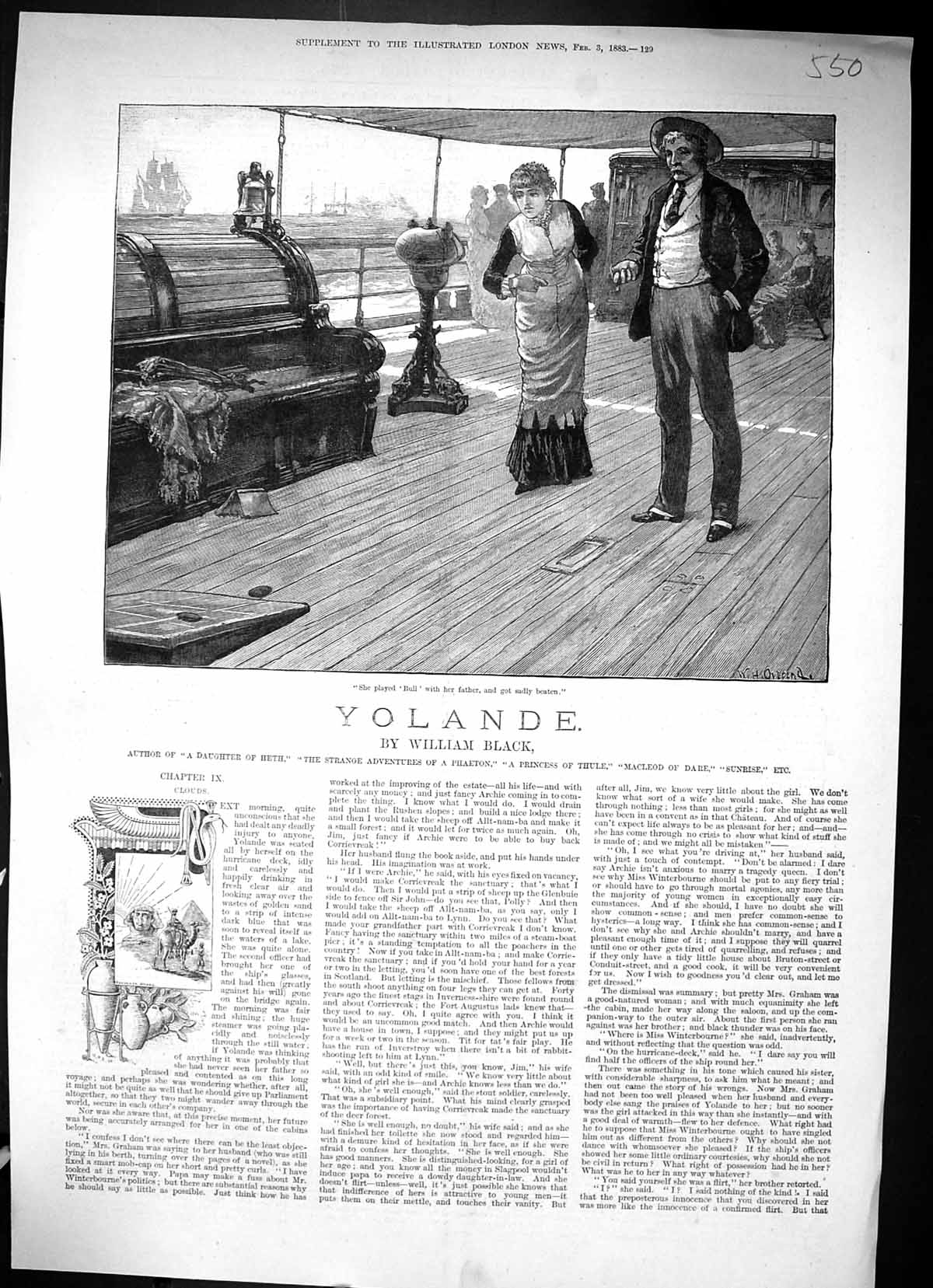Original Old Antique Print 1883 Yolande Young Woman Playing Bull Ship Deck 19th