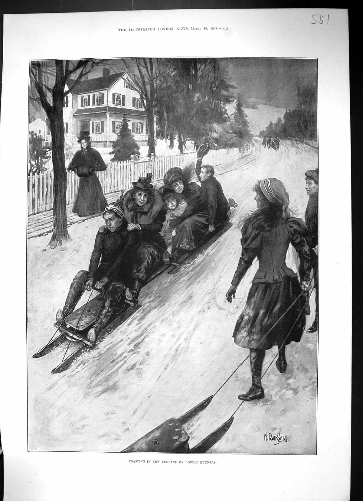 Old Antique Print 1898 Coasting New England Double Runners Sledging Snow 19th