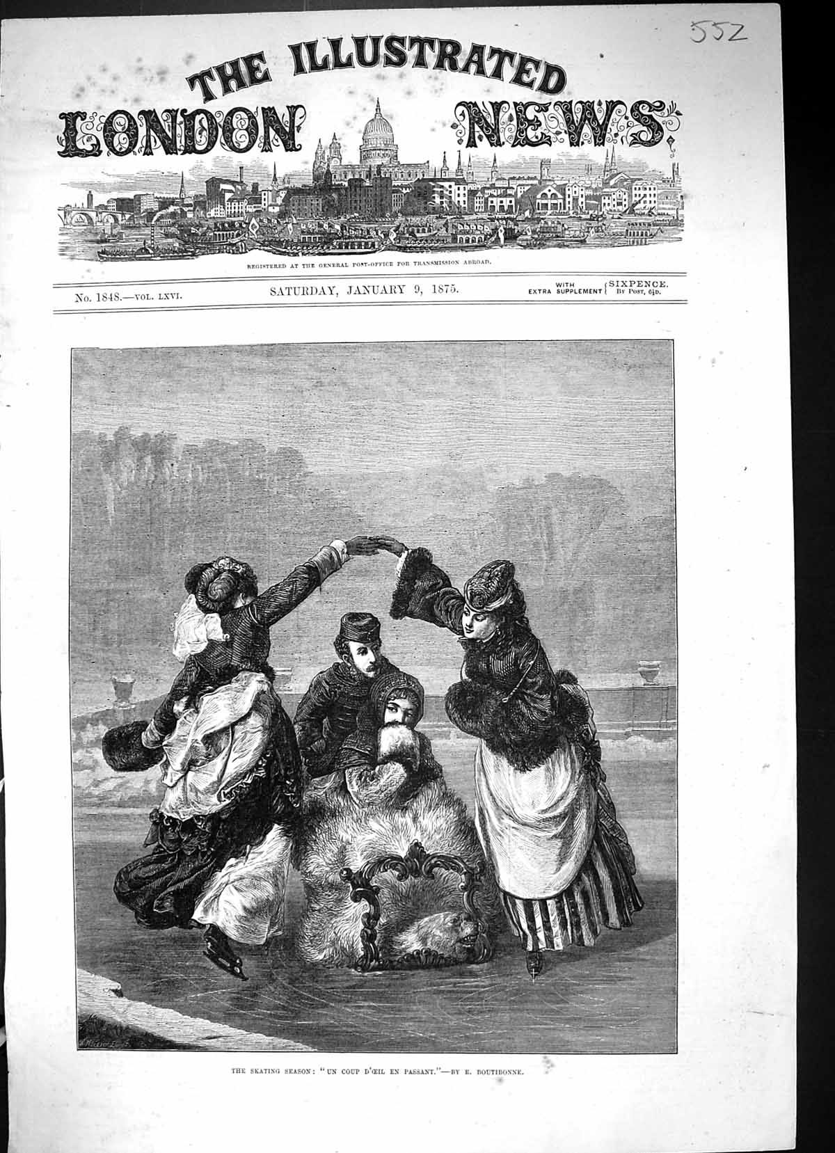 Old Print Ice Skating Season Un Coup D'Oeil En Passant 1875 Ladies Sledge 19th