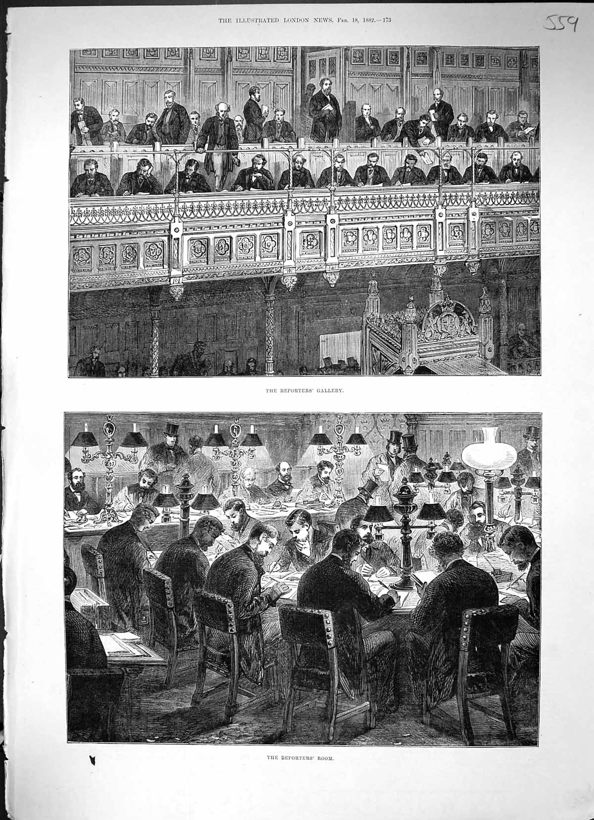 Antique Old Print 1882 Reporters Gallery Room House Commons Parliament London