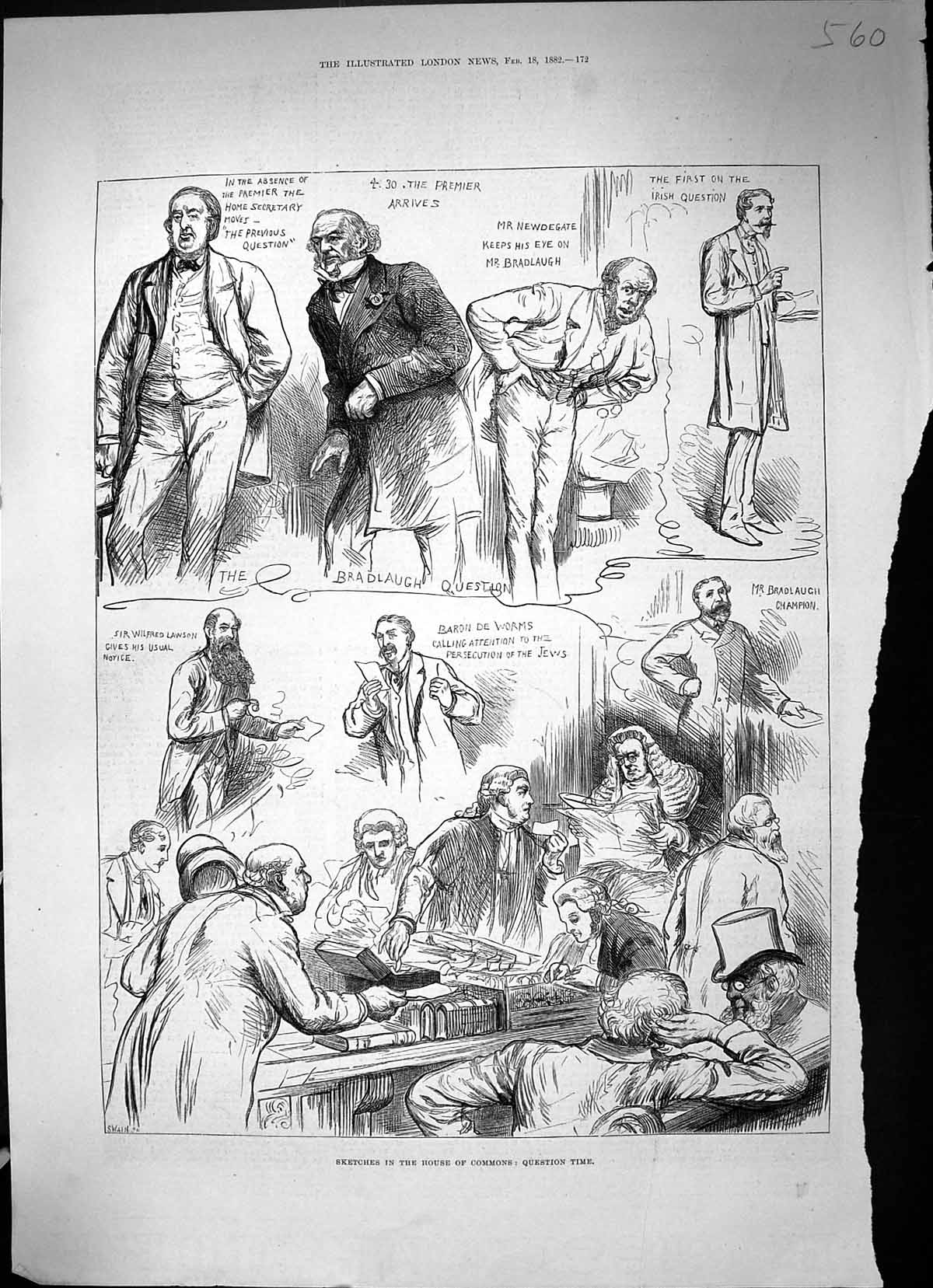 Antique Print 1882 House Commons Question Time Parliament Bradlaugh Lawson 19th