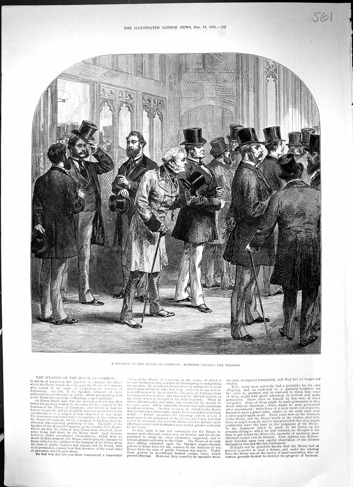 Old Print 1882 Division House Commons Members Passing Tellers Parliament 19th