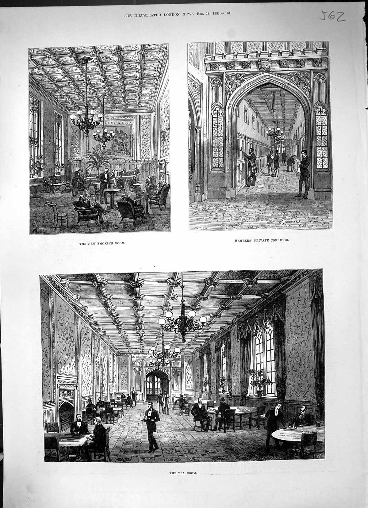 Antique Print 1882 Smoking Room Members Private Corridor Tea House Commons 19th