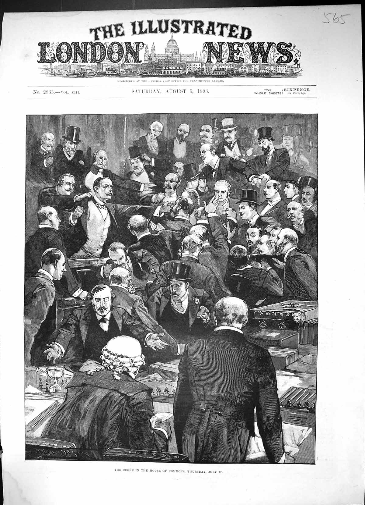Old Antique Print 1893 Scene House Commons Parliament Men London England 19th