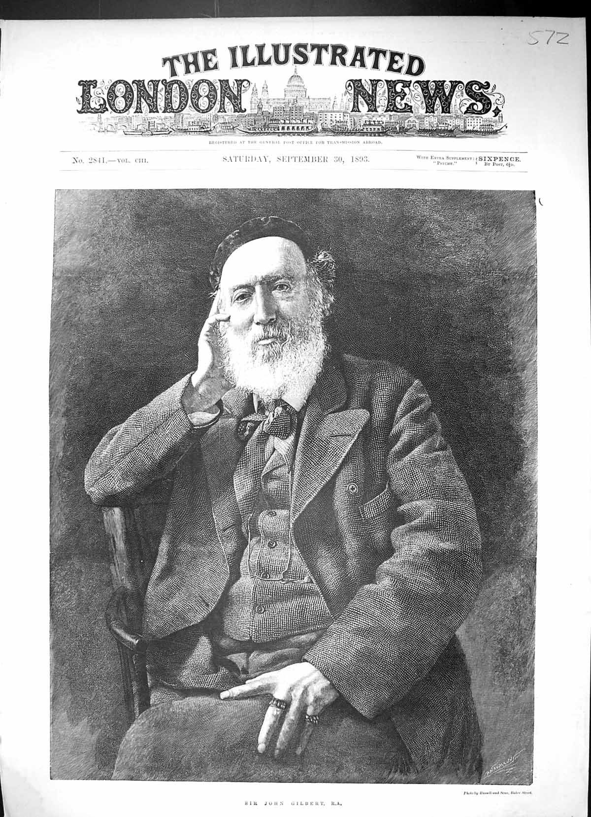 Original Old Antique Print 1893 Portrait Sir John Gilbert Sitting Chair 19th