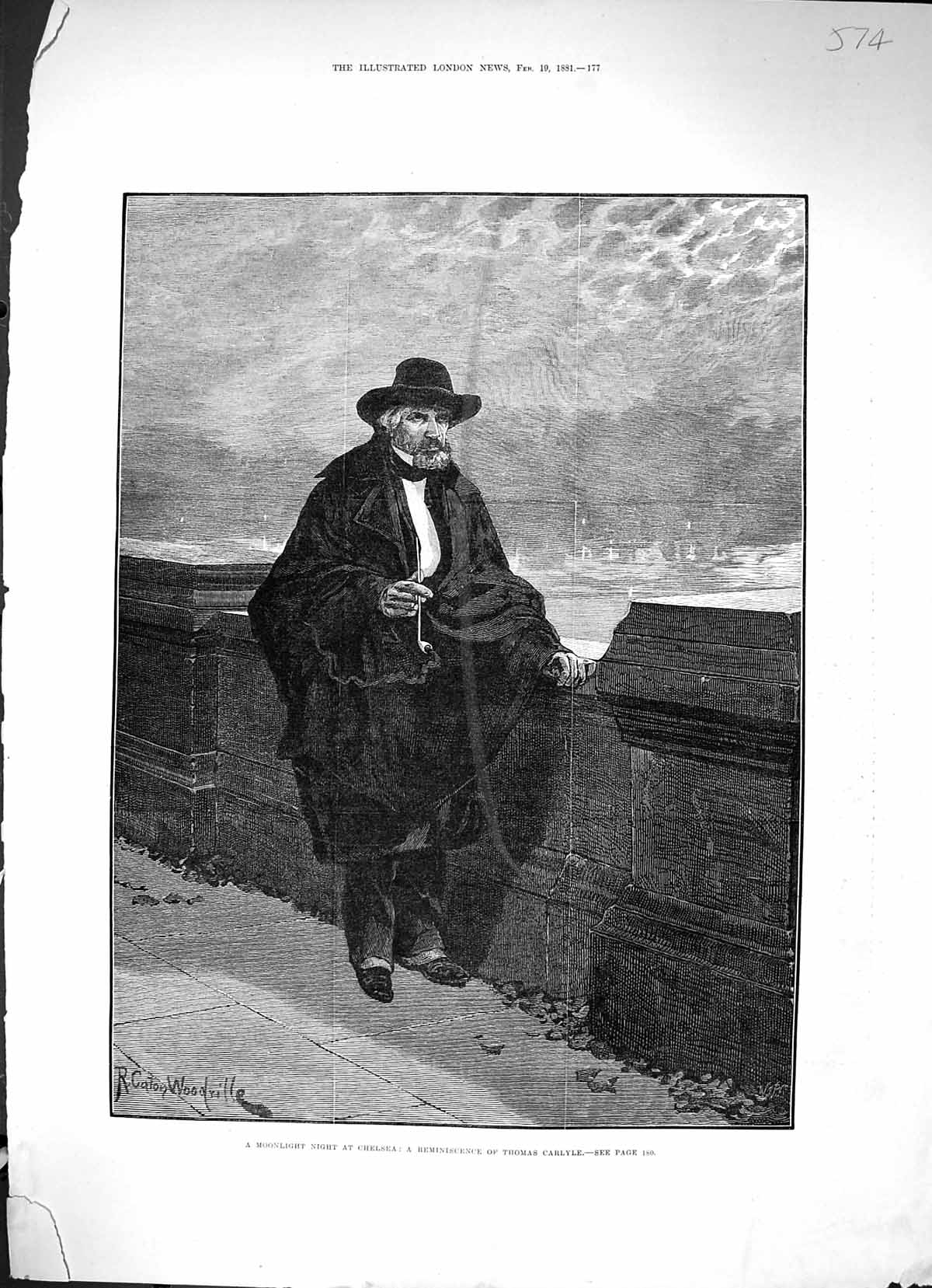 Antique Old Print 1881 Moonlight Night Chelsea Reminiscence Thomas Carlyle 19th