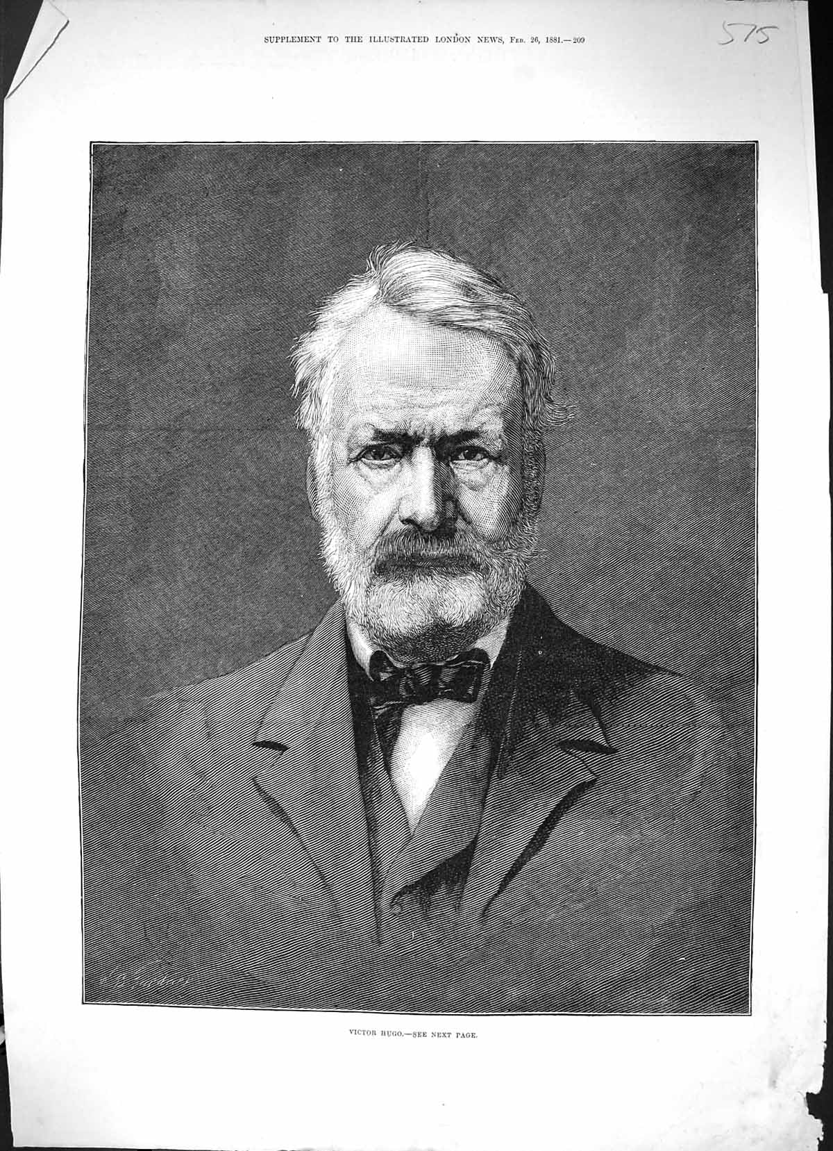 Original Old Antique Print 1881 Portrait Victor Hugo 19th Century