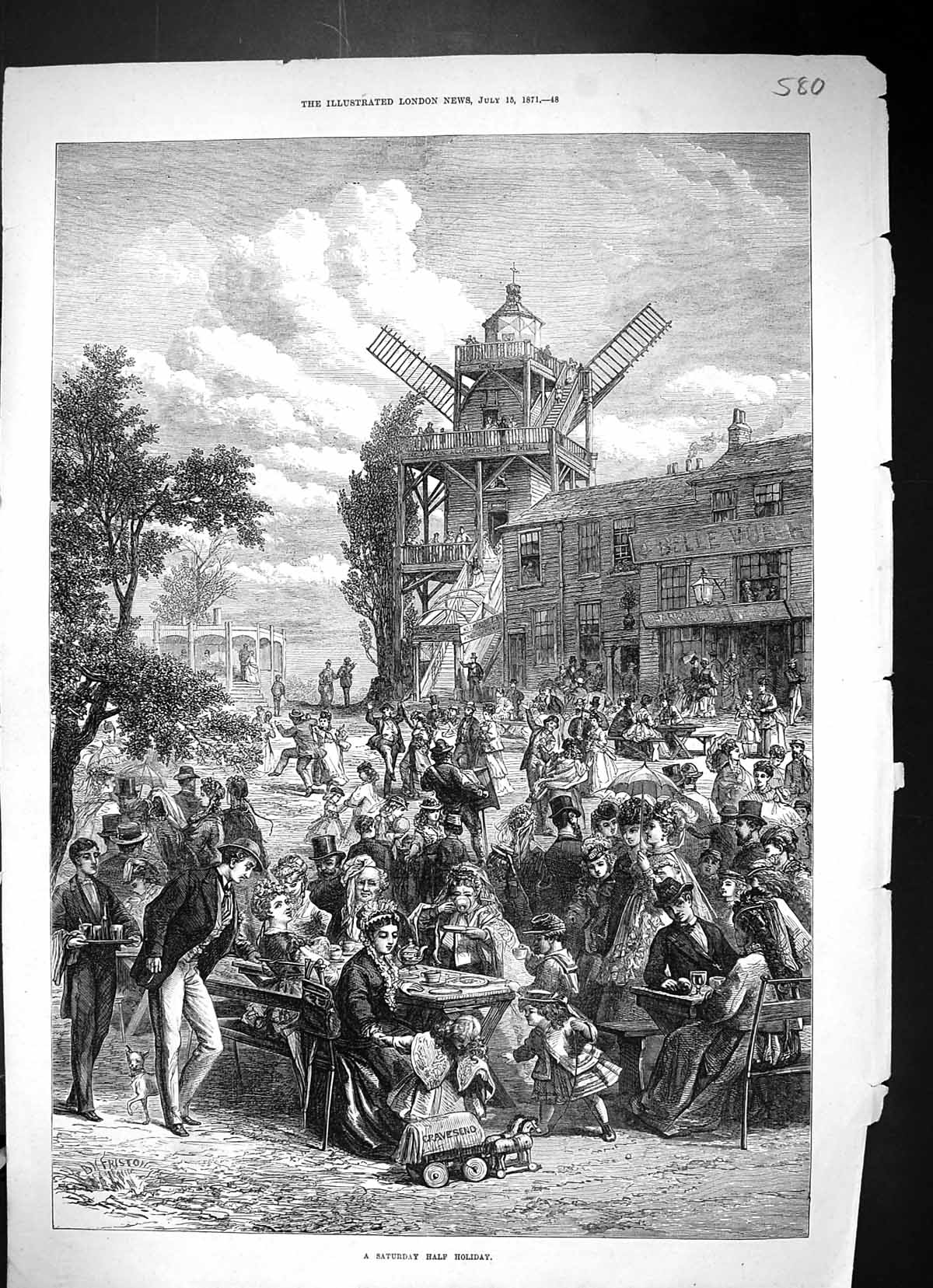 Antique Old Print 1871 Saturday Half Holiday Windmill Families Entertainment