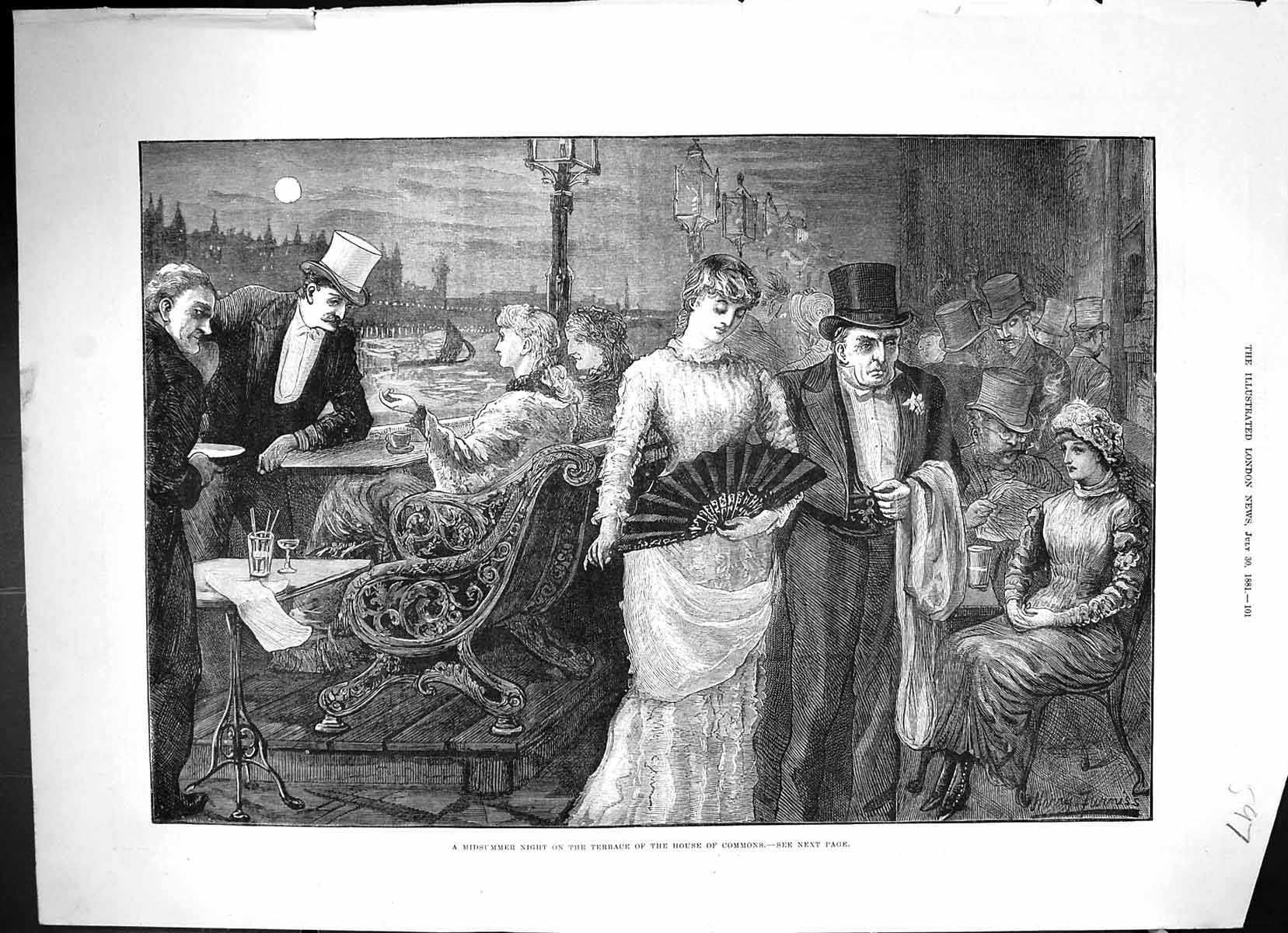 Original Old Antique Print 1881 Midsummer Night Terrace House Commons London
