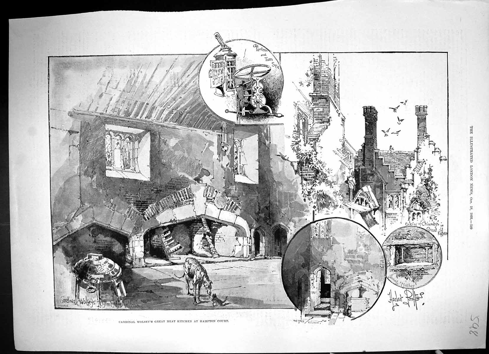 Old Antique Print 1893 Cardinal Wolsey Great Meat Kitchen Hampton Court 19th