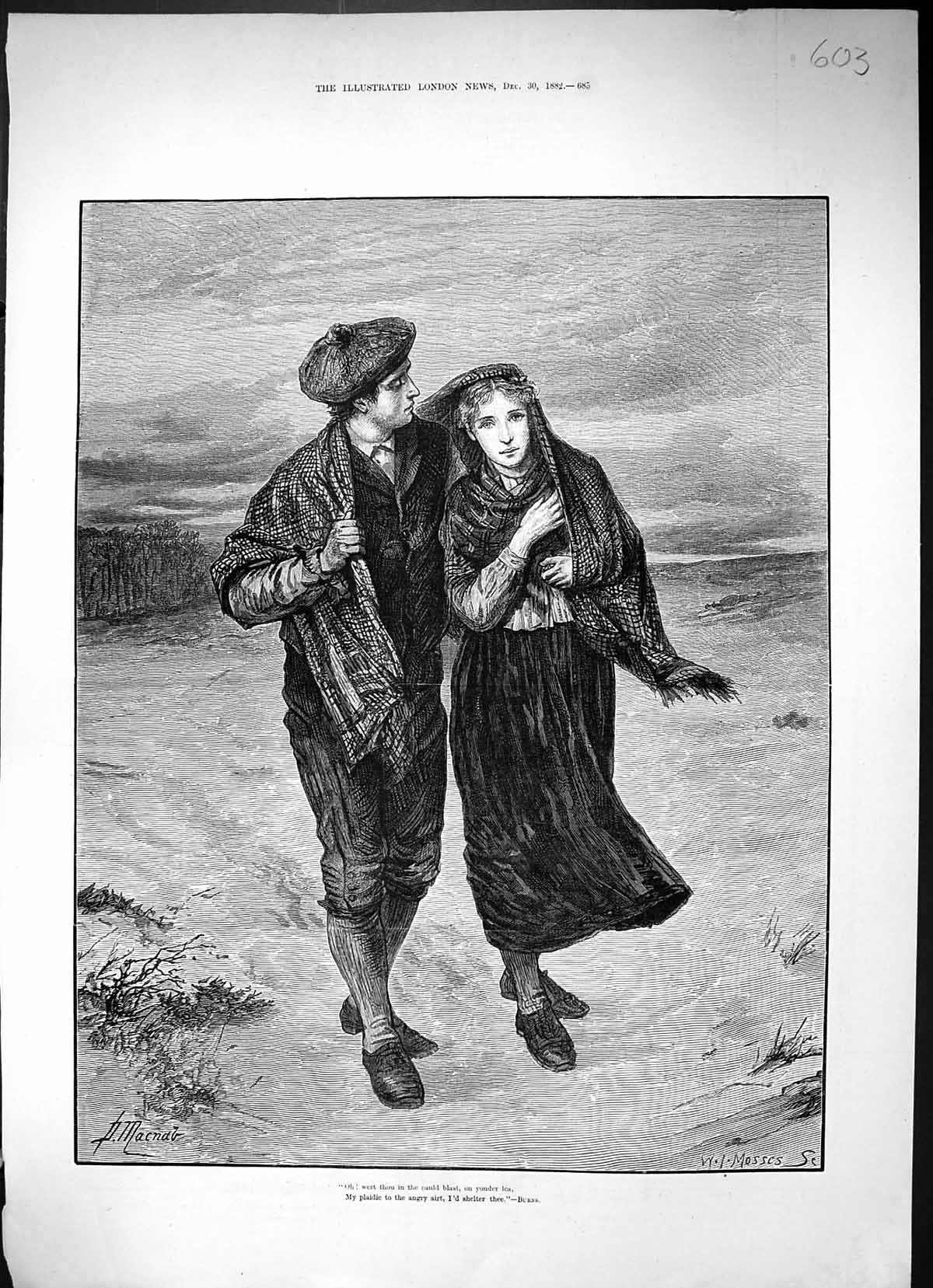 Original Old Antique Print 1882 Man Lady Romance Windy Weather Macnab Mosses