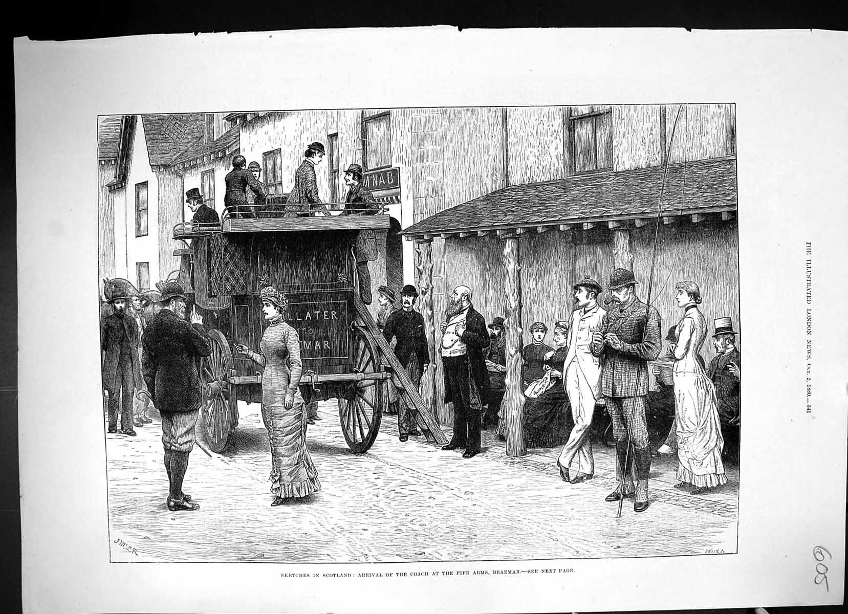 Old Antique Print 1880 Scotland Arrival Transport Coach Fife Arms Braemar 19th
