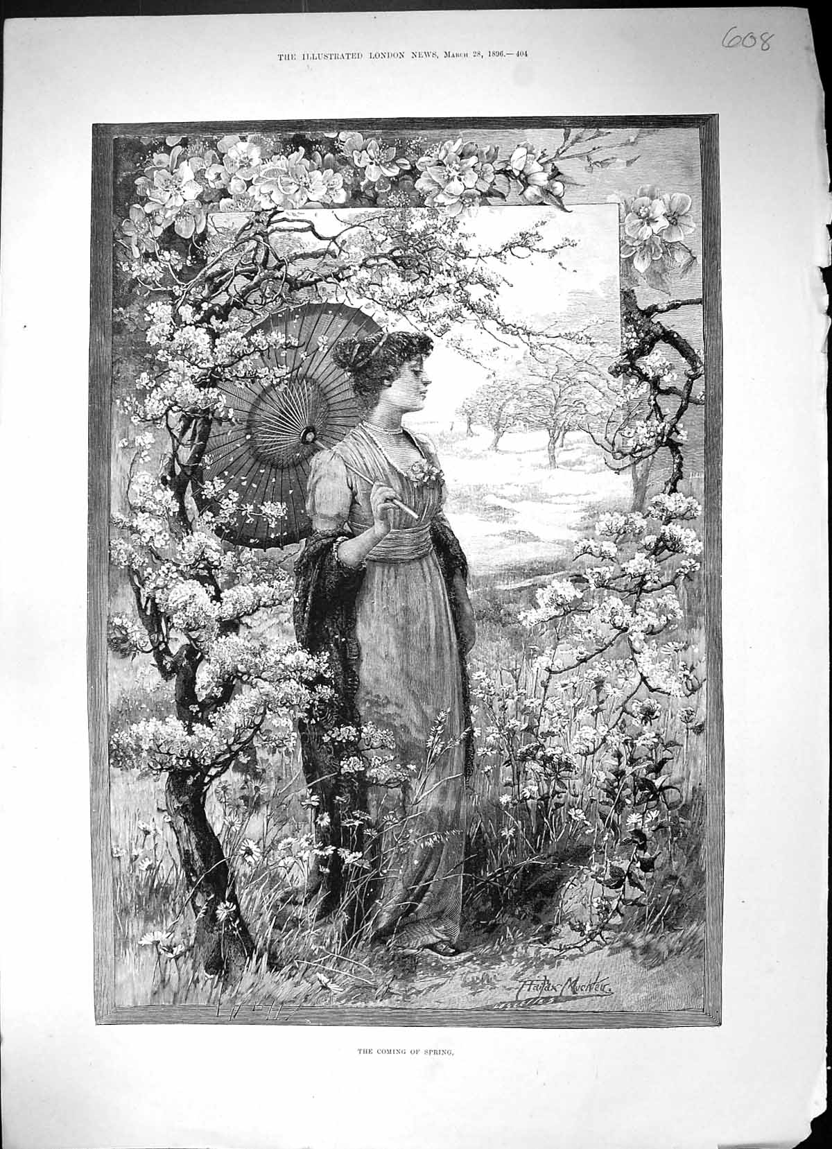 Original Old Antique Print 1896 Coming Spring Beautiful Woman Umbrella 19th