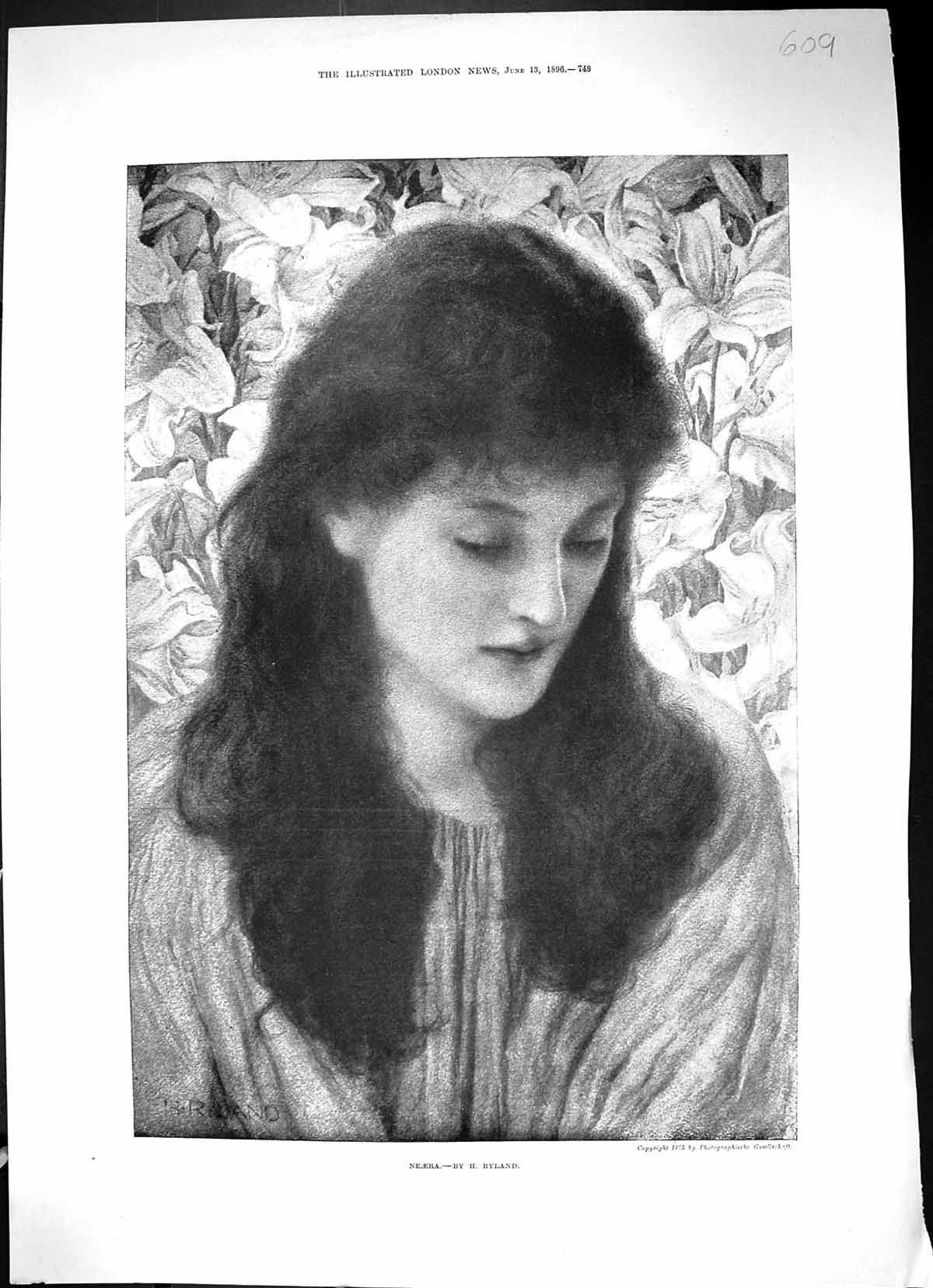 Original Old Antique Print 1896 Portrait Beautiful Woman Neaera Ryland 19th