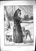 Original Old Antique Print 1896 Winter Walk Beautiful Woman Umbrella Snow Dogs