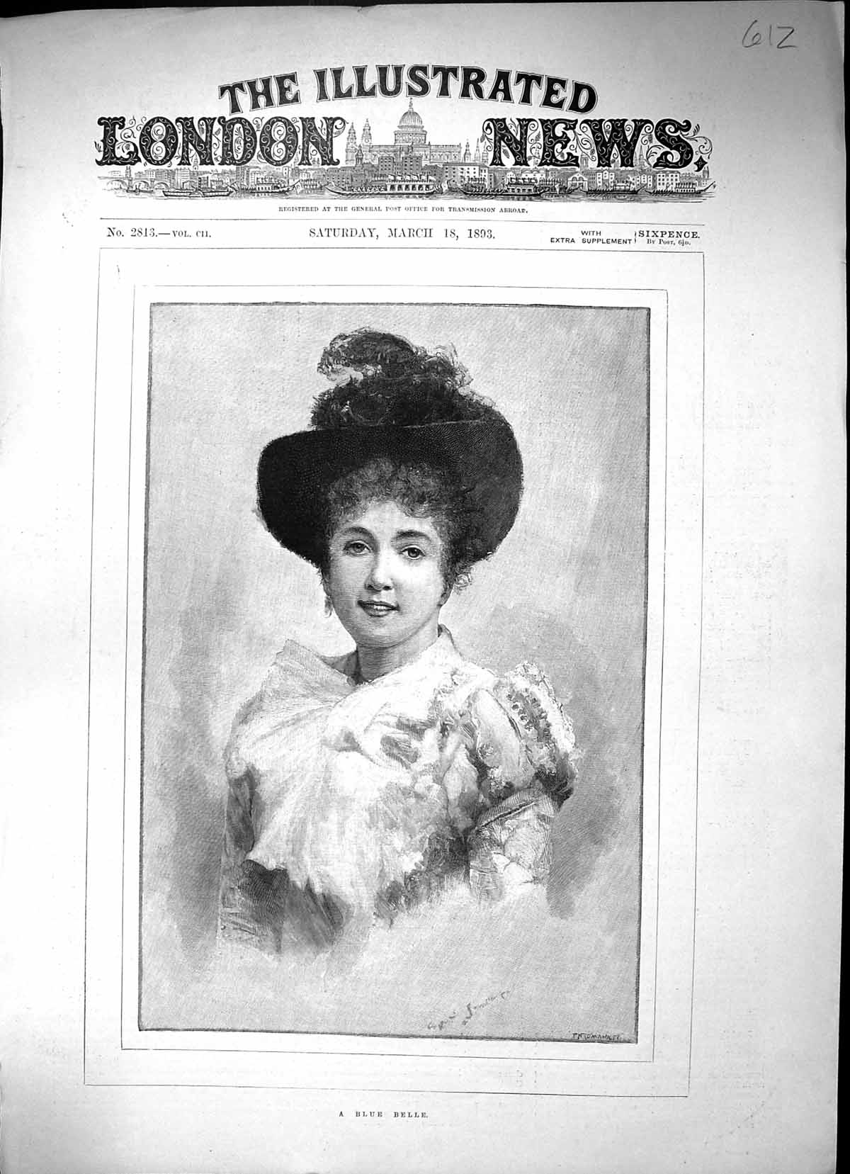 Original Old Antique Print 1893 Portrait Beautiful Woman Blue Belle Feather Hat