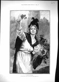 Original Old Antique Print 1893 London Flower Girl Seller Beautiful Girl 19th