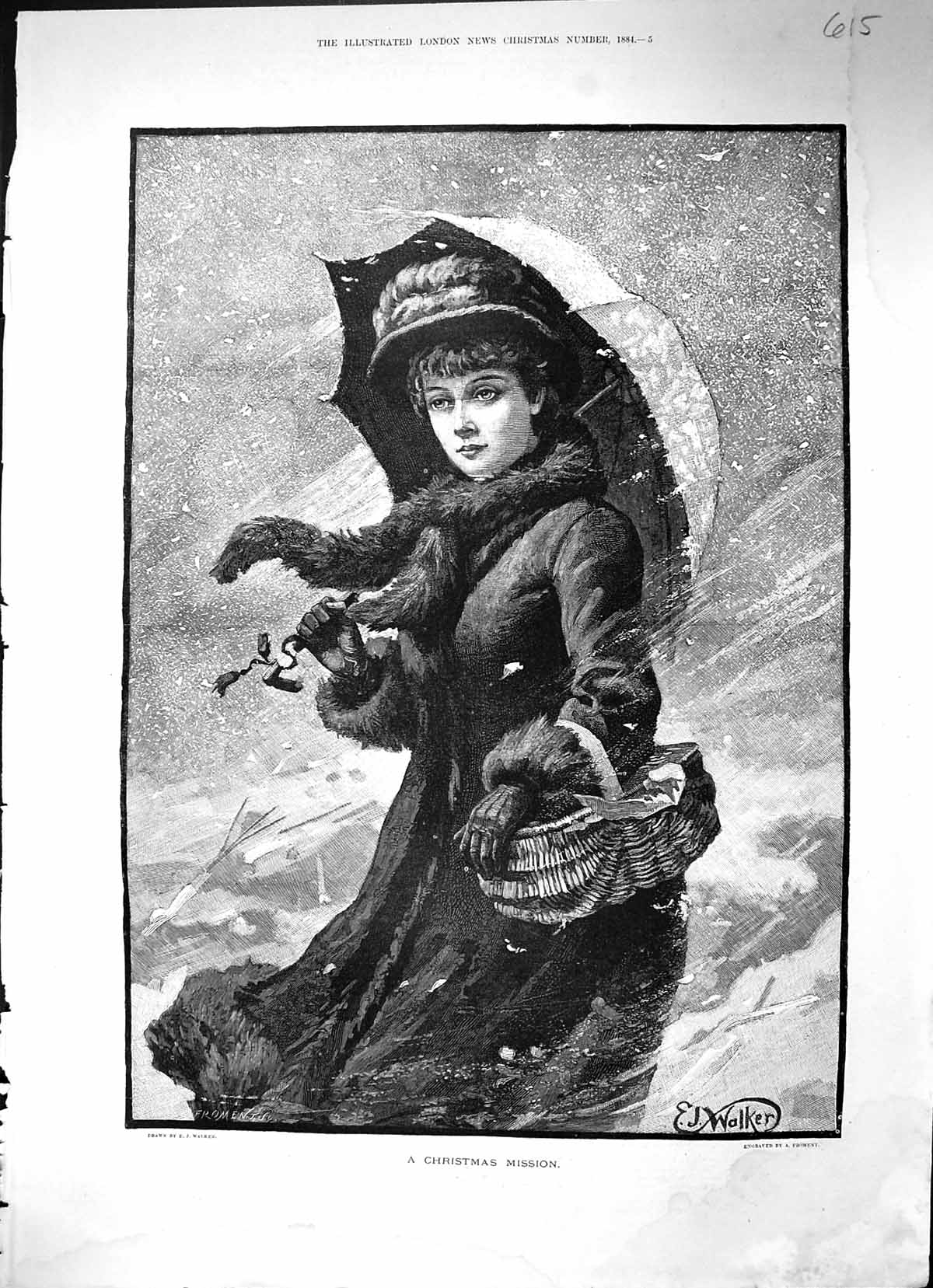 Antique Print 1894 Portrait Beautiful Woman Umbrella Snow Christmas Mission