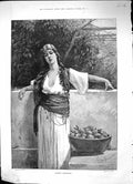 Original Old Antique Print Portrait Beautiful Woman Sweet Oranges 1894 19th