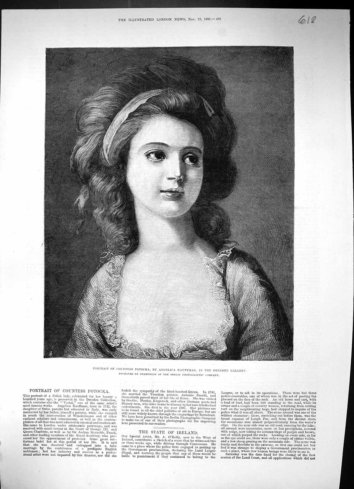 Old Antique Print Countess Potocka Beautiful Woman 1881 Angelica Kauffman 19th