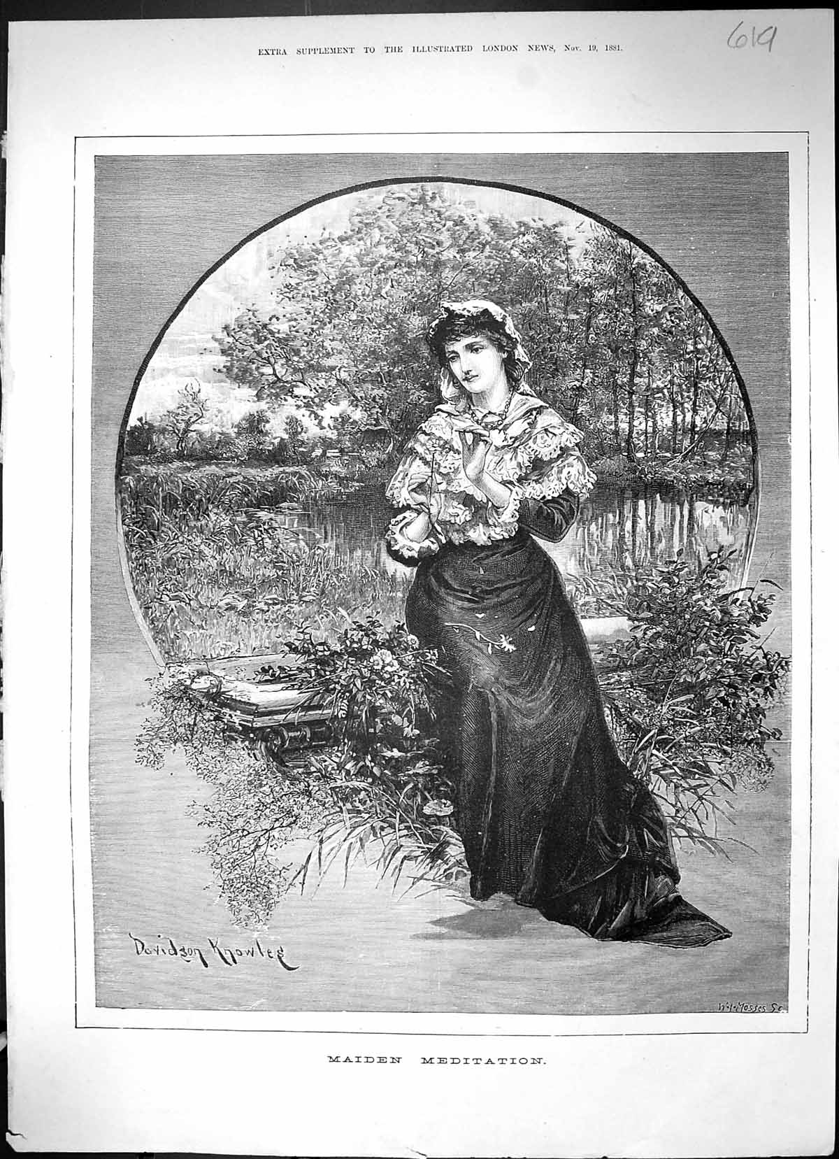 Antique Print Portrait Beautiful Woman Maiden Meditation Forest Trees 1881 19th