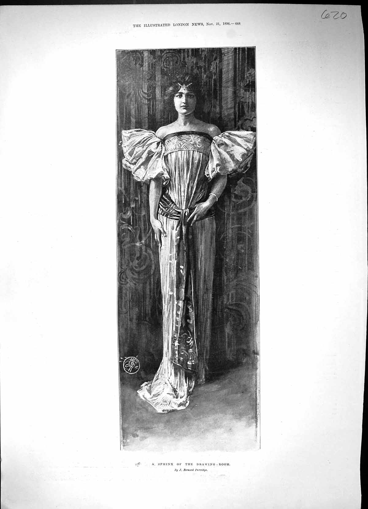 Original Old Antique Print 1896 Portrait Beautiful Woman Sphinx Drawing Room