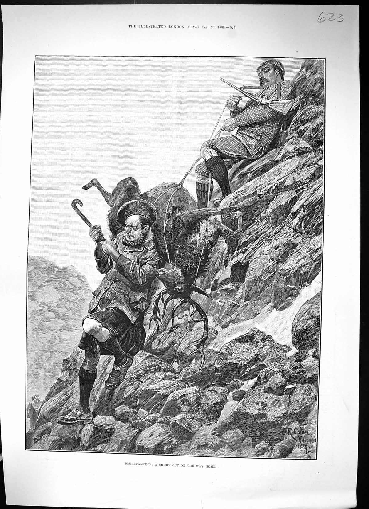 Antique Old Print 1889 Deerstalking Hunting Mountains Carrying Stag Sport Men