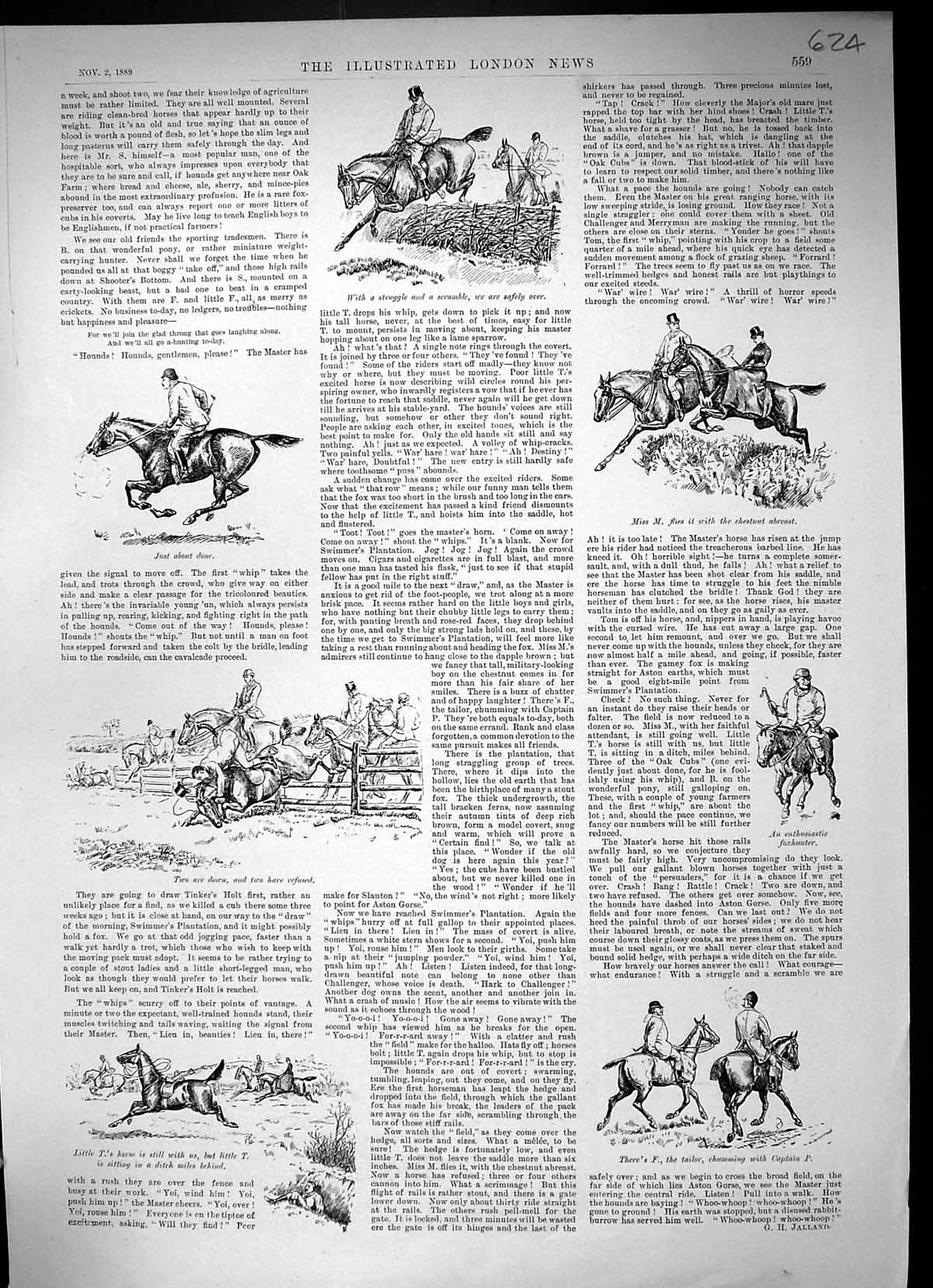 Original Old Antique Print 1889 Hunting Sport Horses Jumping Hedge Foxhunter
