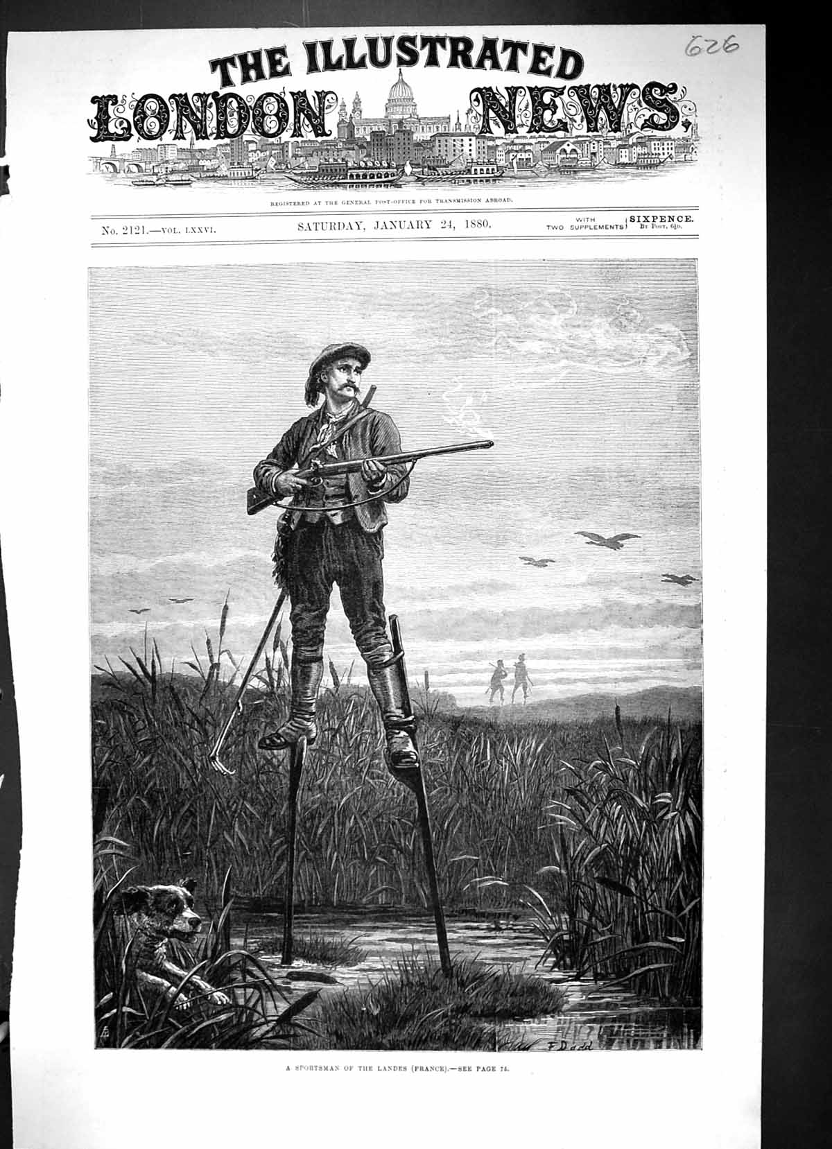Old Antique Print 1880 Sportsman Landers France Hunting Man Gun Dog Birds 19th