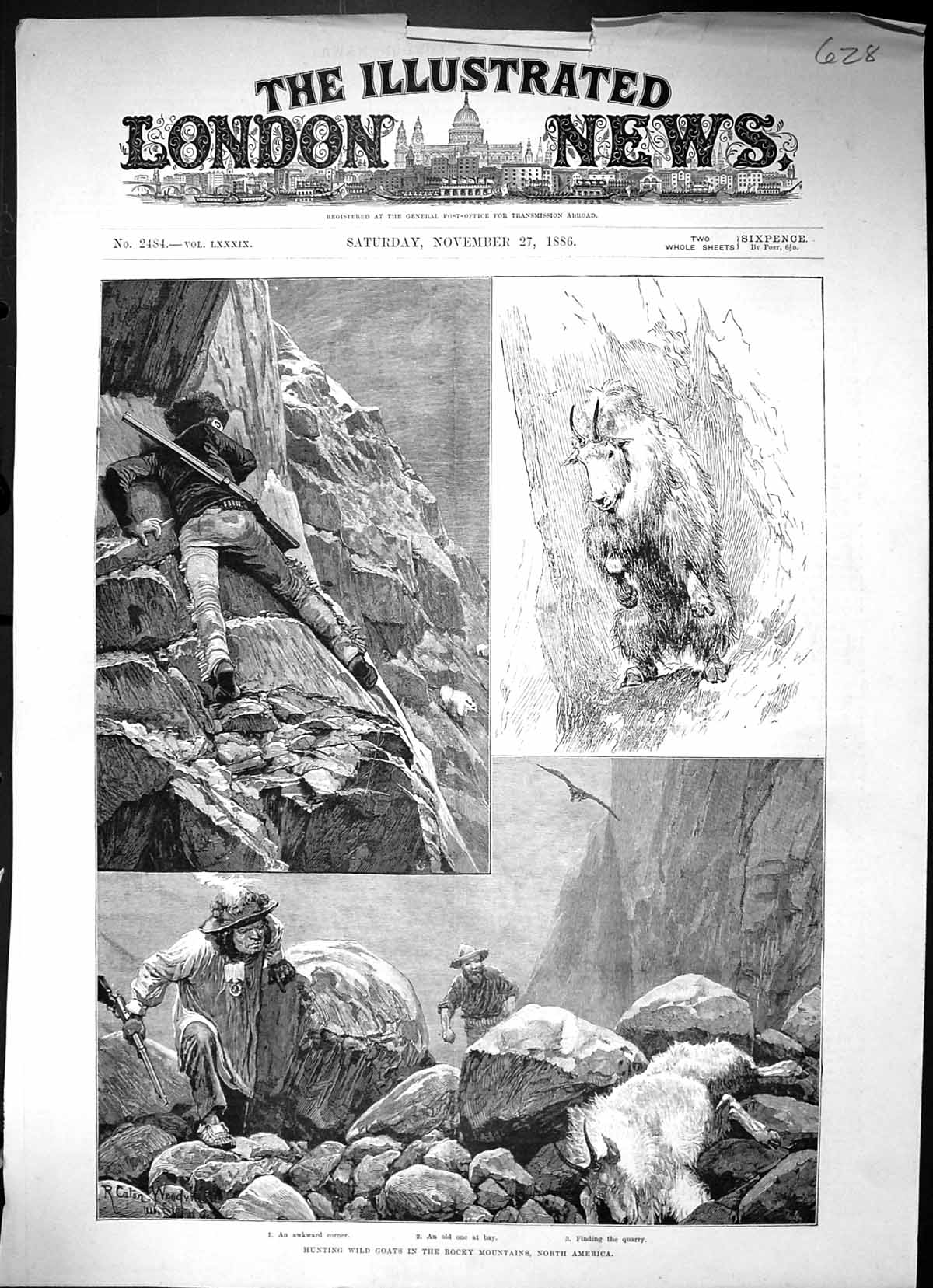 Old Antique Print 1886 Hunting Wild Goats Rocky Mountains America Sport 19th