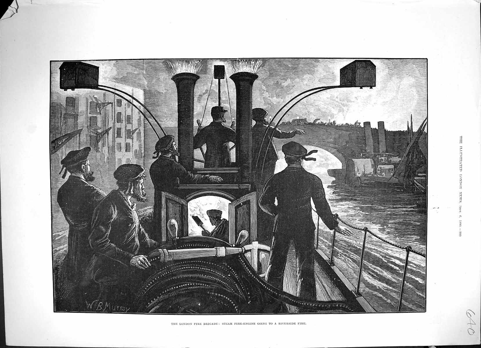 Antique Old Print 1890 London Fire-Brigade Steam Fire-Engine Riverside Fire