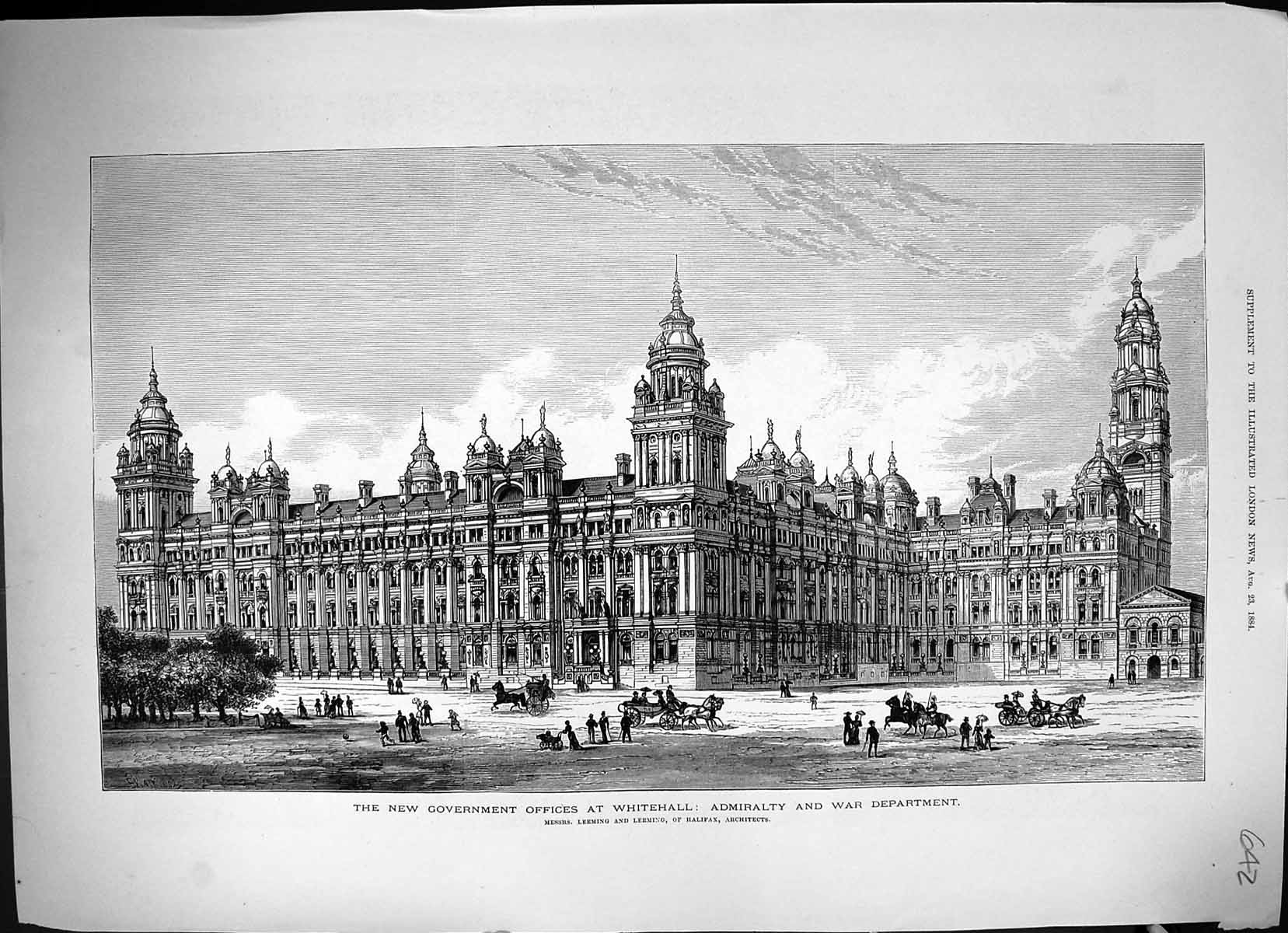 Antique Old Print 1884 Government Fices Whitehall Admiralty War Department 19th