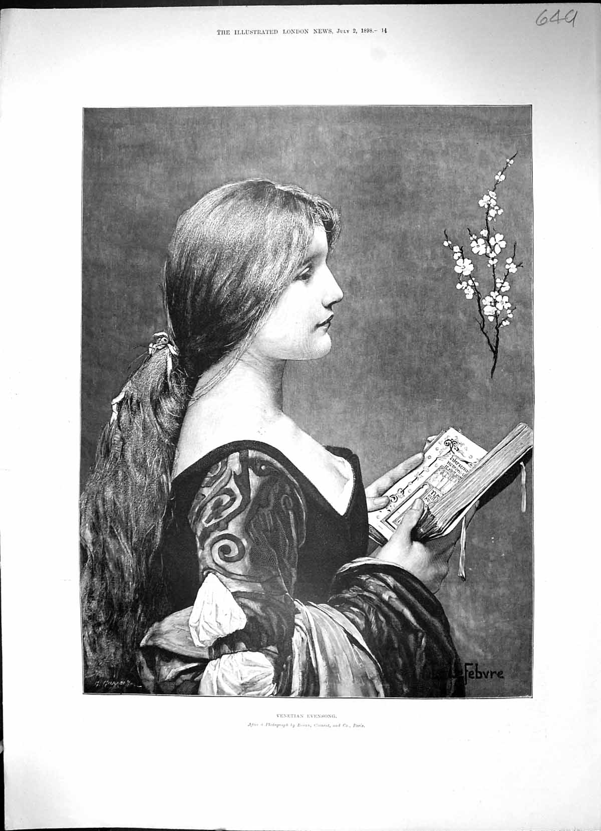 Original Old Antique Print 1898 Portrait Beautiful Girl Venetian Evensong 19th
