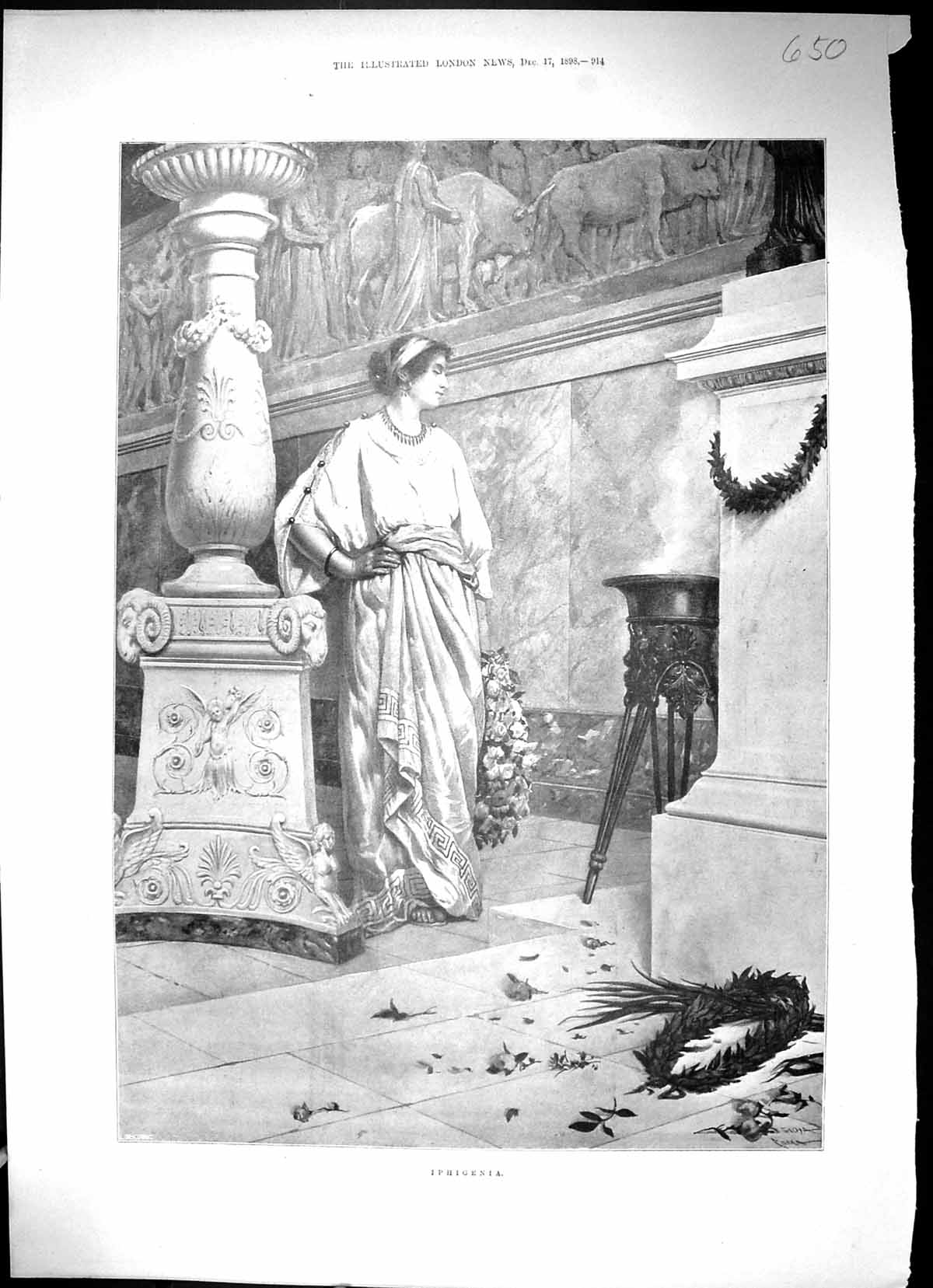 Original Old Antique Print 1898 Beautiful Woman Iphigenia Flowers Sculpture