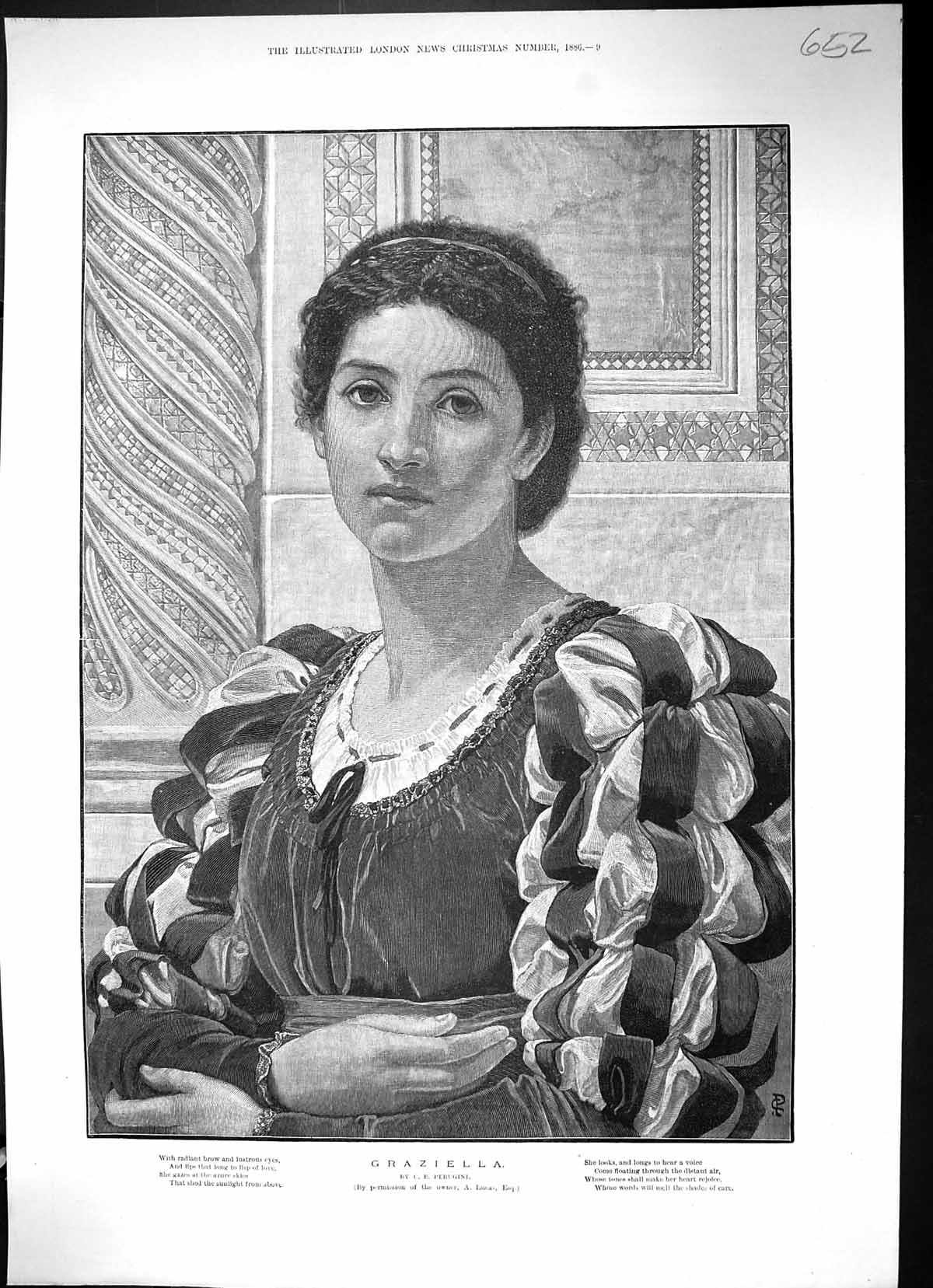 Original Old Antique Print Portrait Beautiful Woman Graziella 1886 Perugini