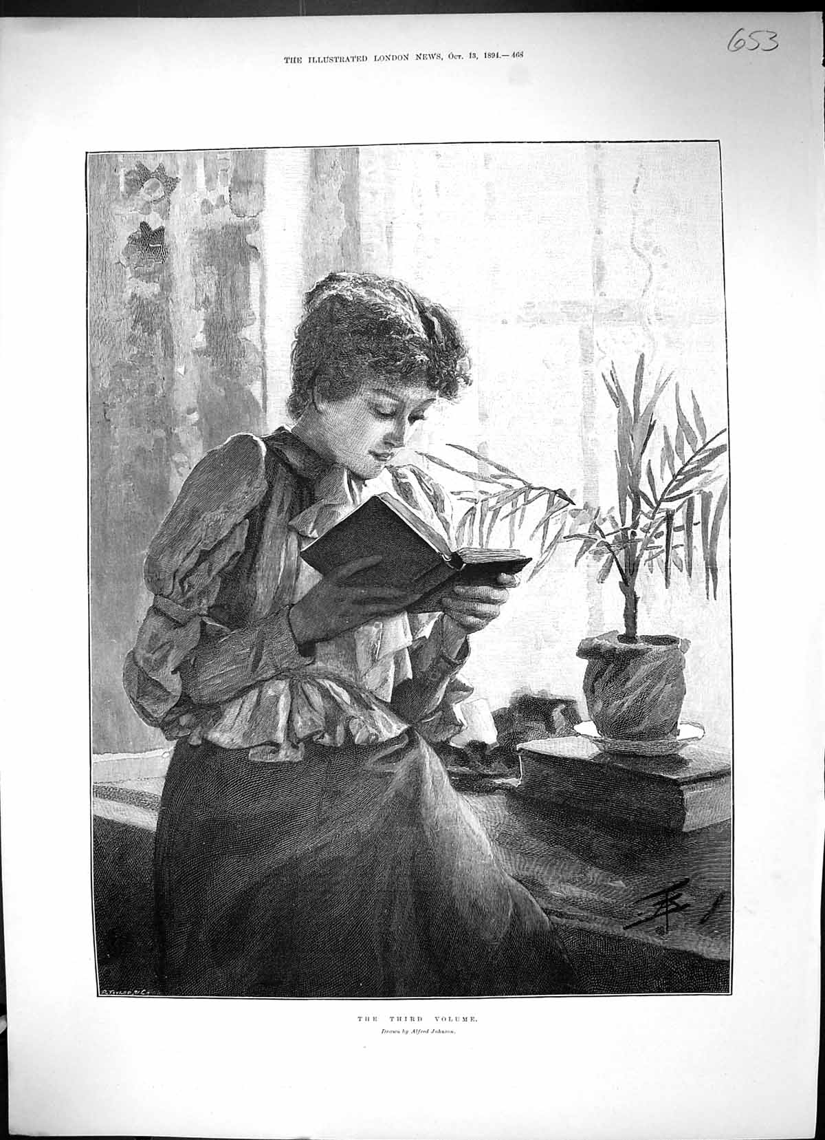 Original Old Antique Print 1894 Portrait Lady Reading Book Third Volume Johnson