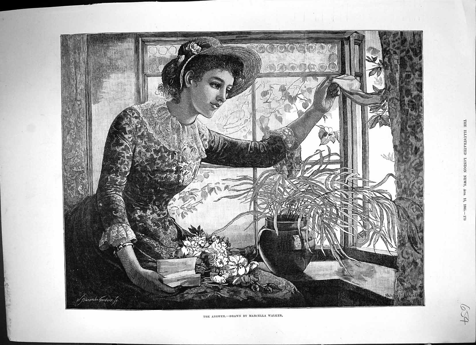 Antique Old Print 1885 Lady Waving Hankerchief Window Answer Marcella Walker