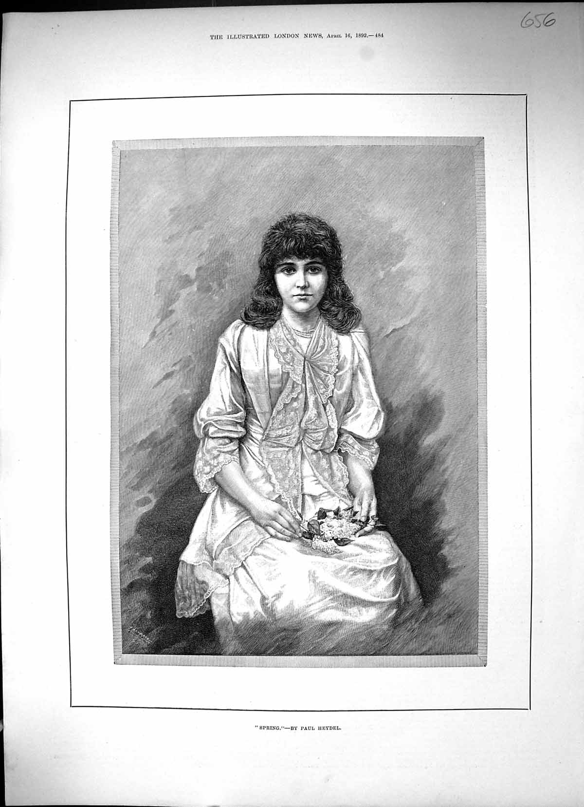 Antique Old Print Portrait Beautiful Woman Spring Flowers 1892 Paul Heydel 19th