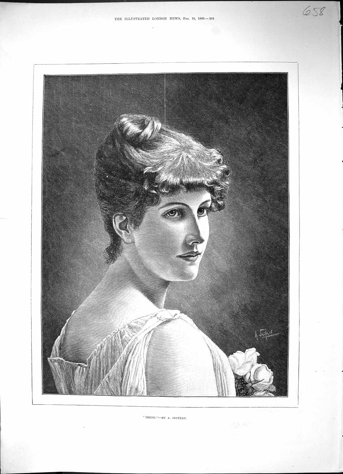 Original Old Antique Print 1889 Portrait Beautiful Woman Irene Flowers Seifert