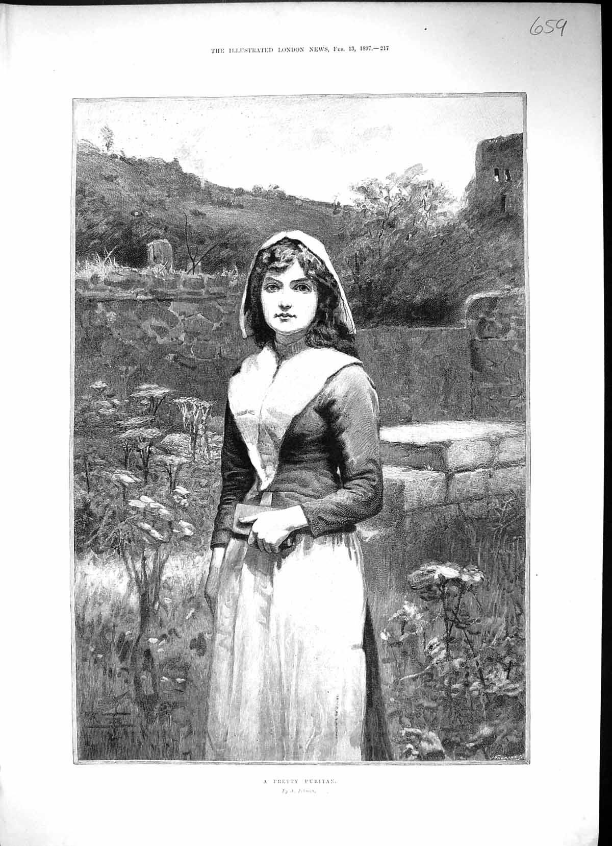 Original Old Antique Print 1897 Portrait Beautiful Woman Pretty Puritan 19th