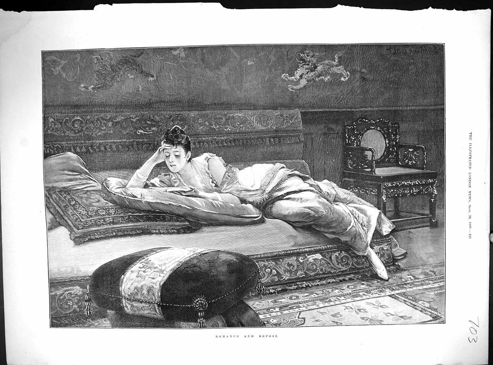 Original Old Antique Print Romance Repose Lady Reading Book Lying Cushions 1893