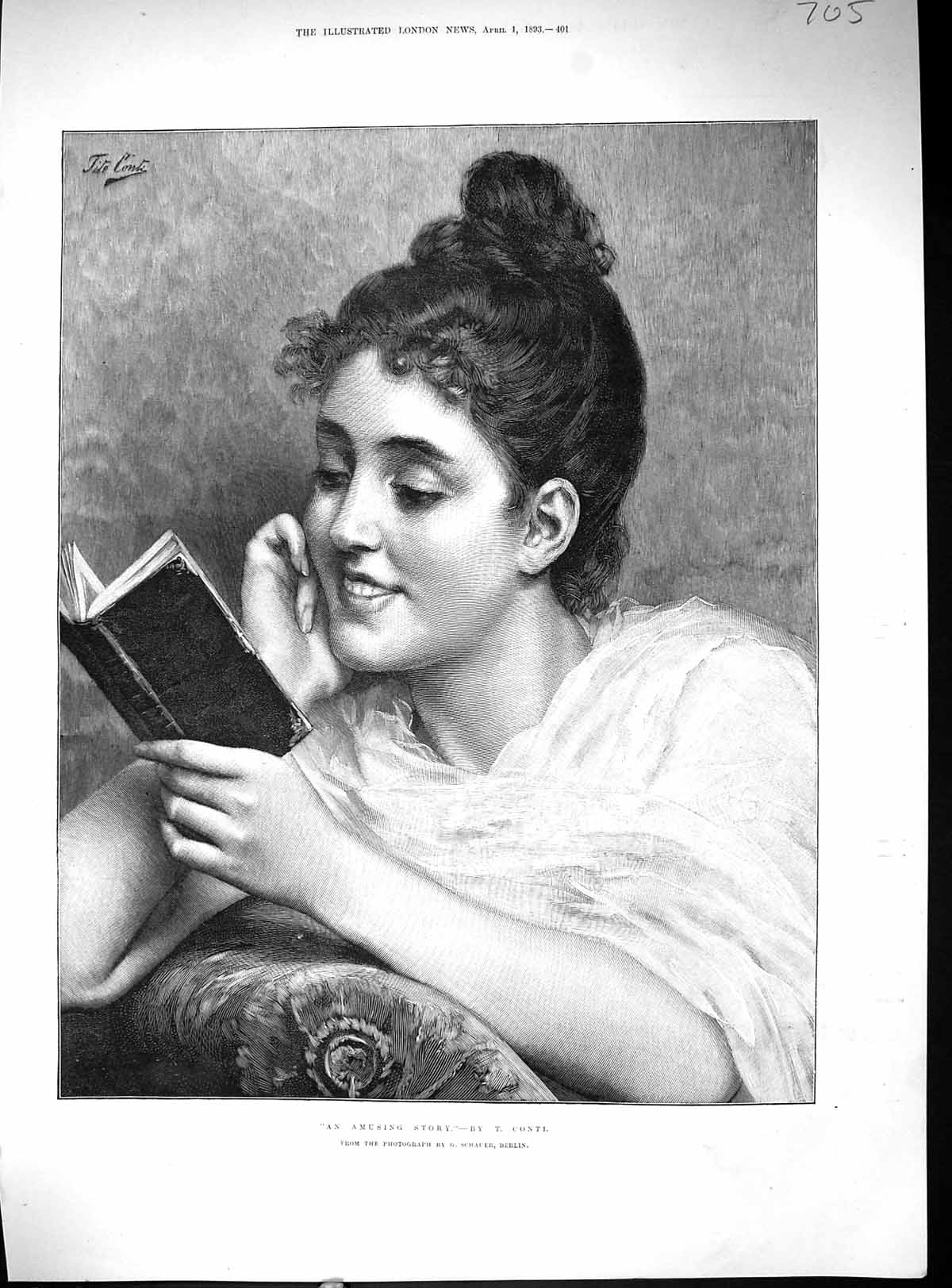 Antique Print Beautiful Woman Reading Book Amusing Story 1893 Conti Schauer